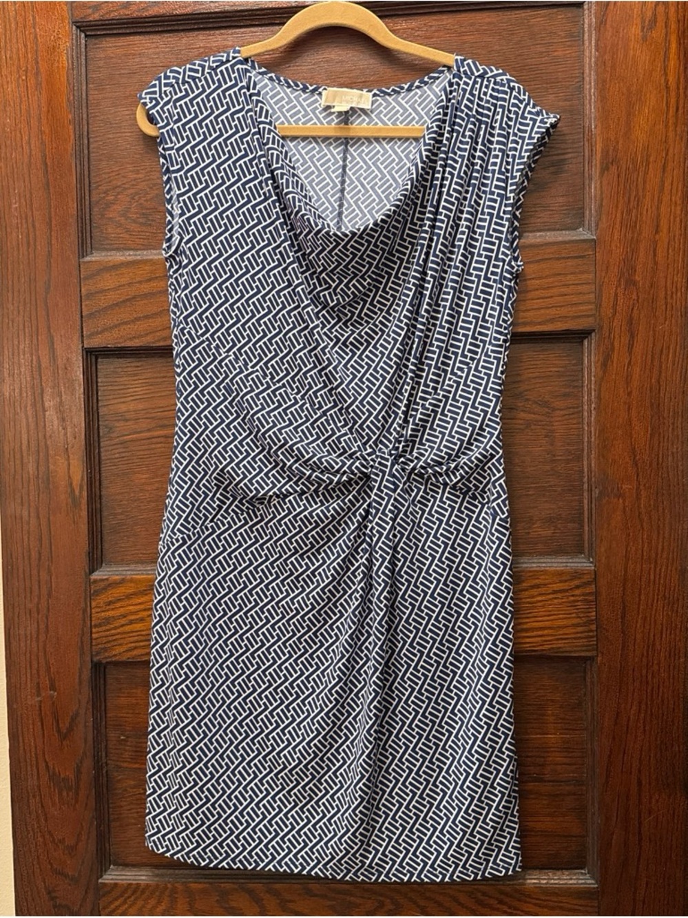 Michael Kors Navy & White Geometric Sleeveless Wrap-Effect Dress